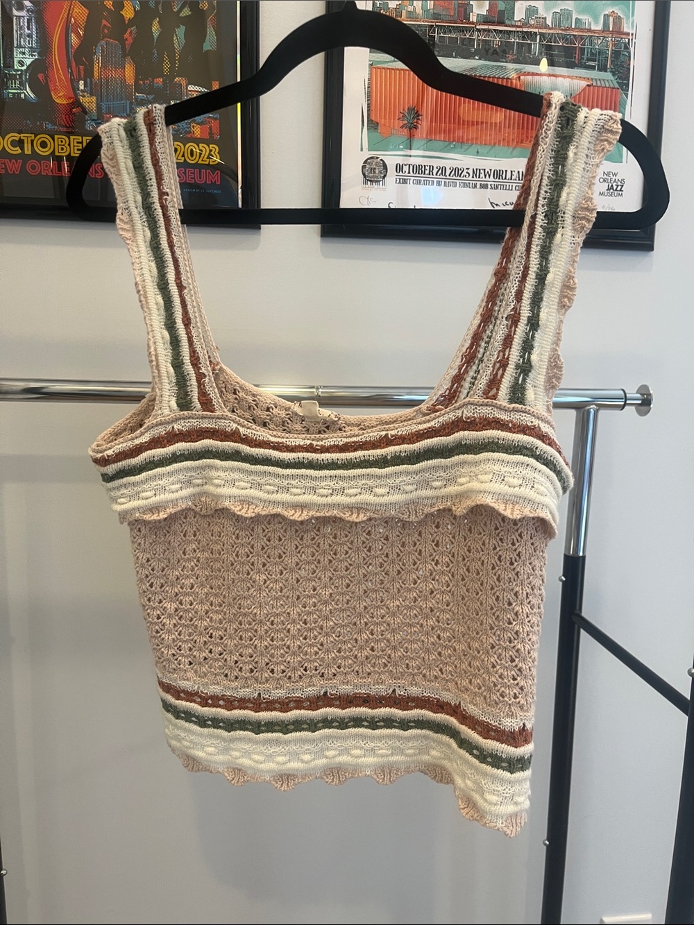 Knit Crop Top in Beige with Striped Trim